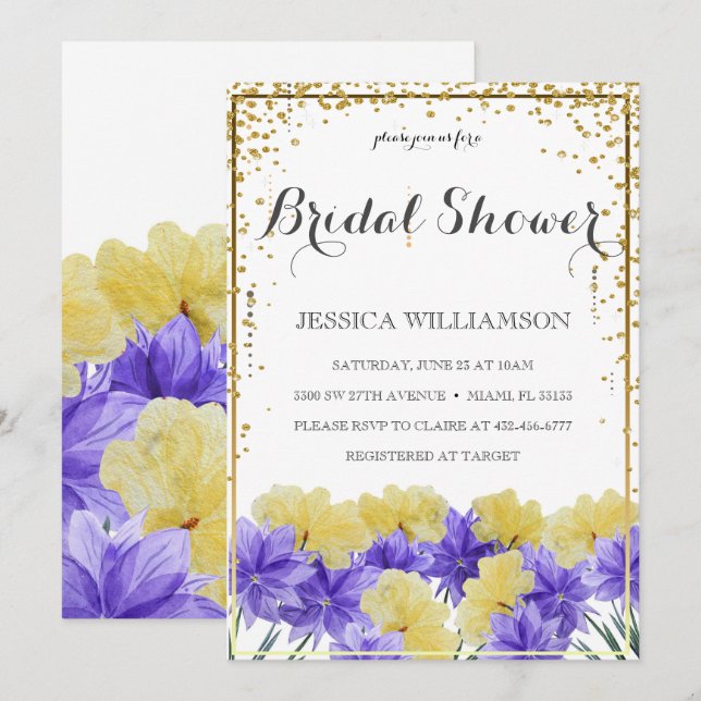 Invitación Elegante marco dorado de flores silvestres, ducha  (Anverso / Reverso)