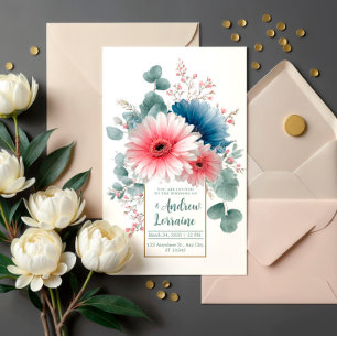 Invitación Elegante Marco Dorado de Gerbera Daisy Rosa Azul P