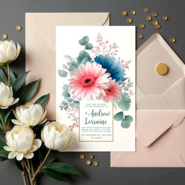 Invitación Elegante Marco Dorado de Gerbera Daisy Rosa Azul P (Subido por el creador)