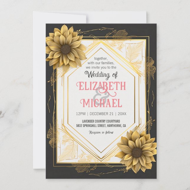Invitación Elegante marco dorado de girasol Boda amarillo neg (Anverso)