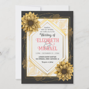 Invitación Elegante marco dorado de girasol Boda amarillo neg