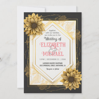 Invitación Elegante marco dorado de girasol Boda amarillo neg