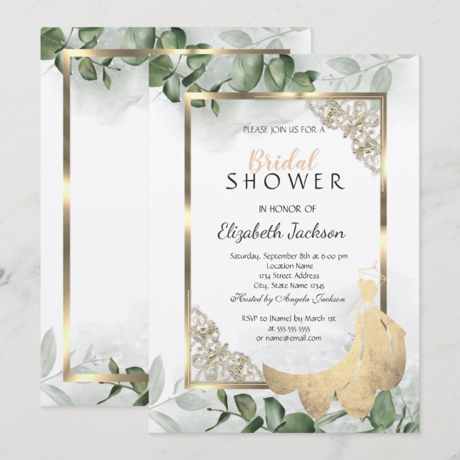 Invitación Elegante Marco dorado,Ducha de novia vestida de eu (Anverso / Reverso)