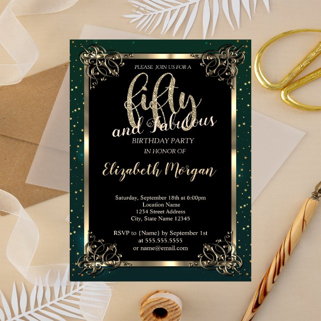 Invitación Elegante marco dorado, fiesta de cumpleaños 50 ver (Subido por el creador)