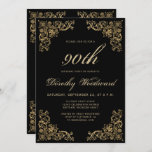 Invitación Elegante marco dorado fiesta de cumpleaños negro<br><div class="desc">Esta elegante invitación a la fiesta de cumpleaños incluye un marco dorado vintage en cuatro esquinas. El número de cumpleaños editable y el nombre del invitado de honor aparecen en un guión dorado ornamentado, con el resto del texto del personalizable en letra de copperplate dorado sobre un fondo negro. El...</div>