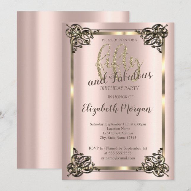 Invitación Elegante marco dorado, fiesta de los 50 cumpleaños (Anverso / Reverso)