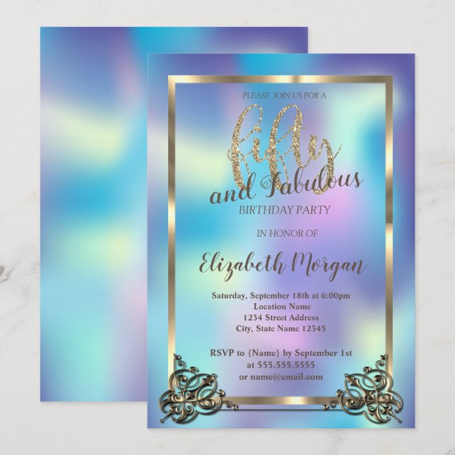 Invitación Elegante marco dorado, fiesta holográfica de cumpl (Anverso / Reverso)