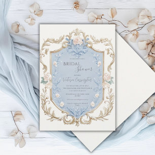Invitación Elegante marco dorado floral azul para despedida d