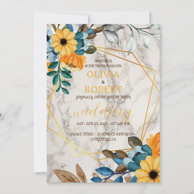 Invitación Elegante marco dorado floral de Rubor (Anverso)