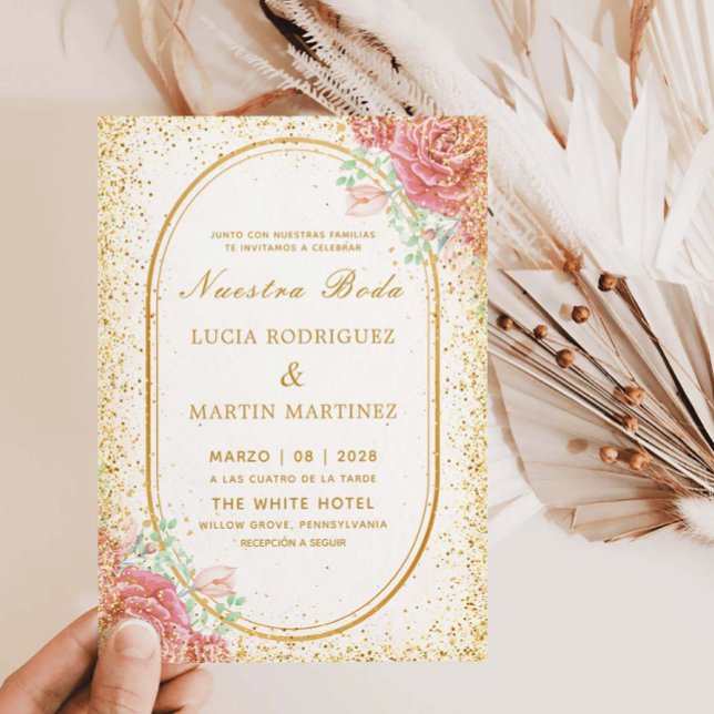 Invitación Elegante marco dorado floral Glitter Nuestra Boda (Subido por el creador)