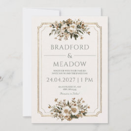 Invitación Elegante Marco Dorado Floral Marfil Rústico Boda
