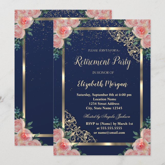 Invitación Elegante marco dorado floral marina de retiro azul (Anverso / Reverso)