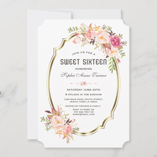 Invitación Elegante marco dorado floral Rubor rosa dulce 16 (Anverso)