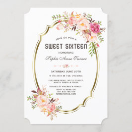 Invitación Elegante marco dorado floral Rubor rosa dulce 16