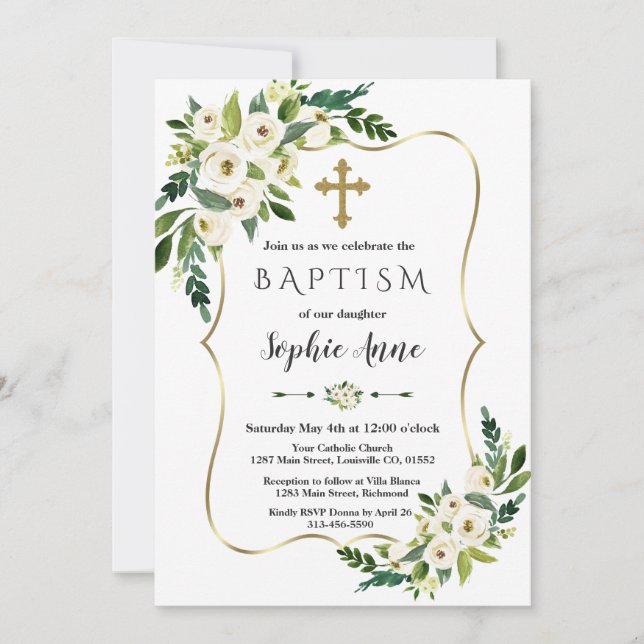 Invitación Elegante Marco dorado Flores blancas florecientes  (Anverso)