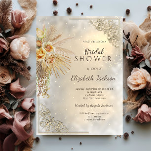 Invitación Elegante Marco Dorado Flores Boho Desayuno Nupcial