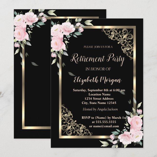 Invitación Elegante marco dorado Flores rosas (Anverso / Reverso)