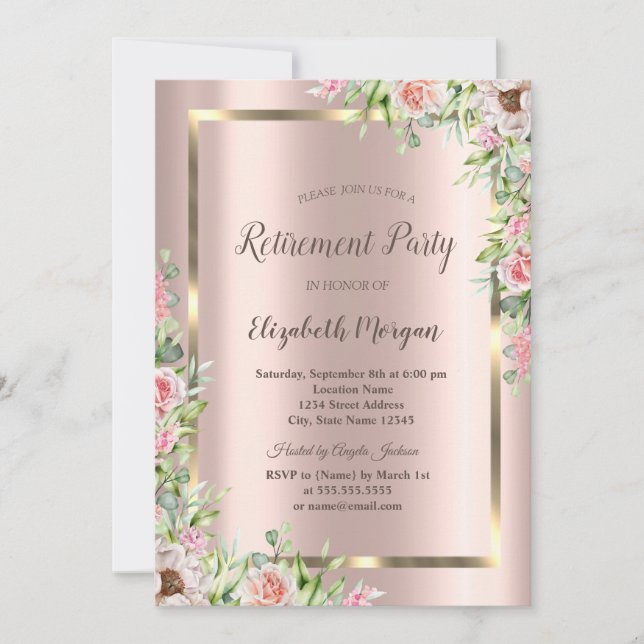 Invitación Elegante marco dorado,Jubilación de Rosas Rosas de (Anverso)
