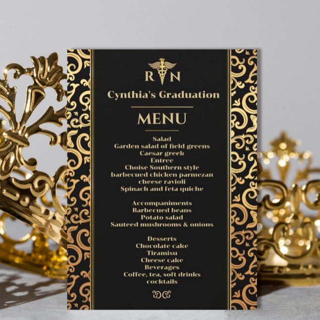 Invitación Elegante marco dorado Menú de cena de graduación m (#zazzlemade #medicalgraduation #partyinvitationgold #frame #Modernmedicalschool #doctor #graduation)
