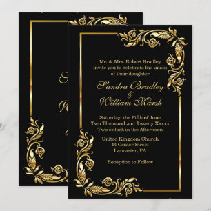 Invitación Elegante marco dorado negro con estampado en dorad