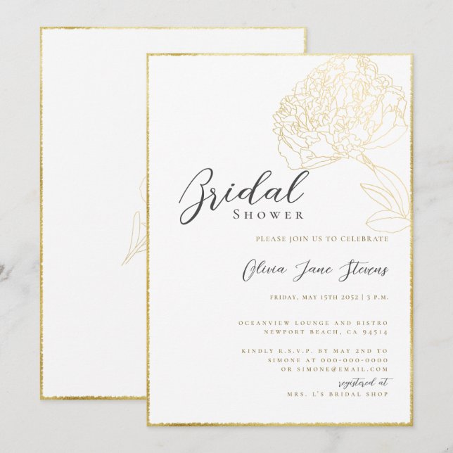 Invitación Elegante marco dorado Peony Sketch Boho Bridal Sho (Anverso / Reverso)
