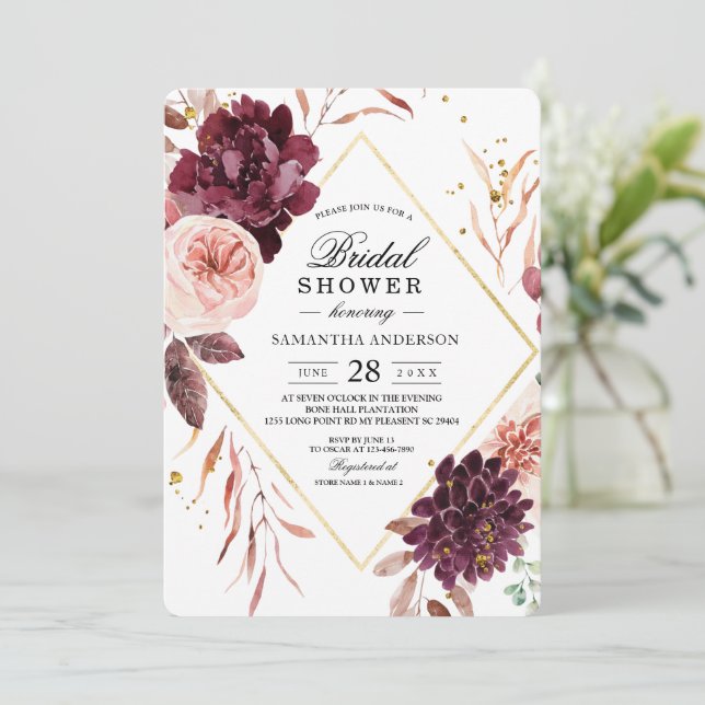 Invitación Elegante Marco dorado Rojo floral y rosa (Anverso de pie)