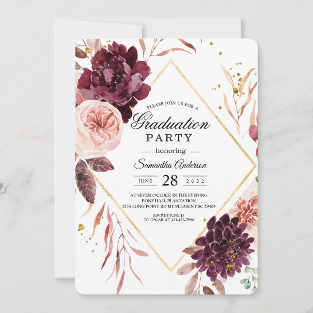 Invitación Elegante Marco dorado Rojo floral y rosa (Anverso)