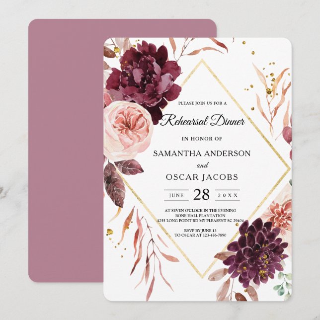 Invitación Elegante marco dorado rojo floral y rosa (Anverso / Reverso)