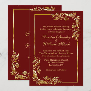 Invitación Elegante marco dorado rojo oscuro con estampado do