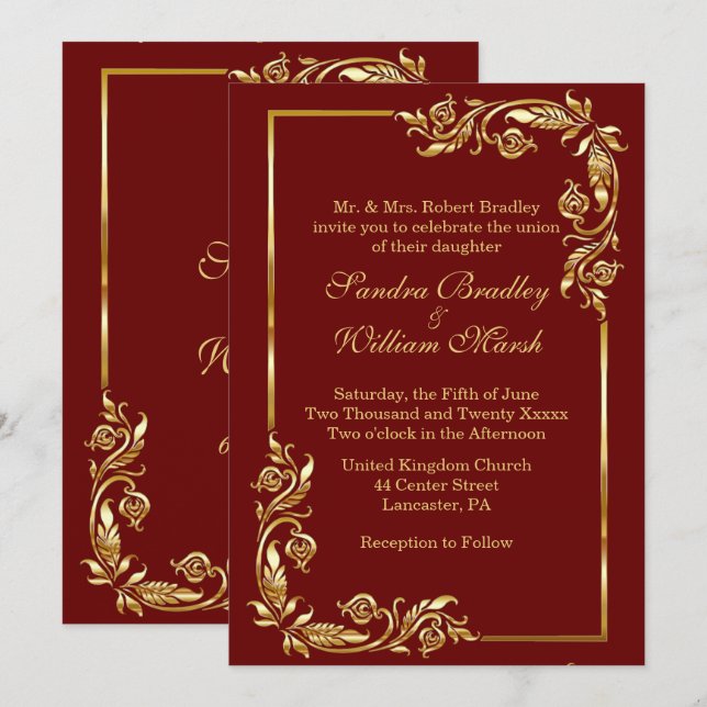 Invitación Elegante marco dorado rojo oscuro con estampado do (Anverso / Reverso)