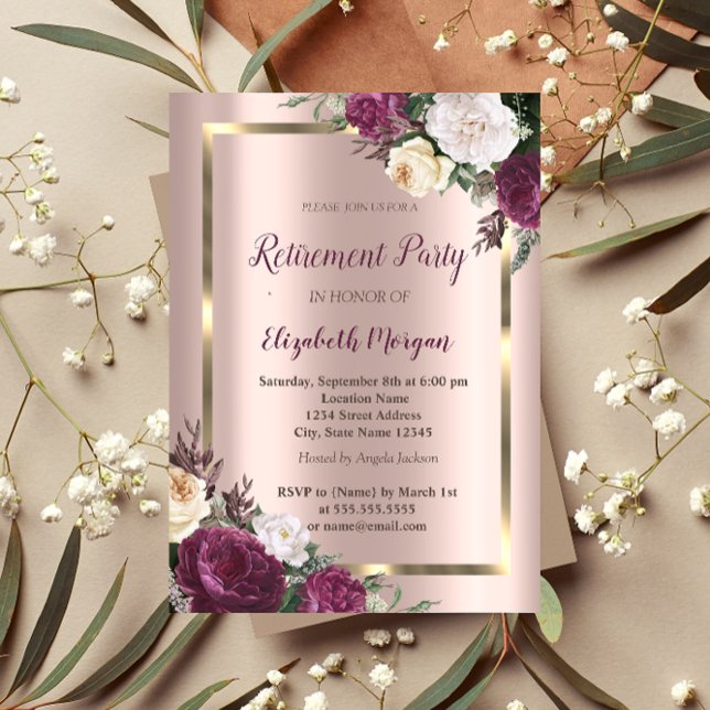 Invitación Elegante marco dorado,Rosa de retiro de Borgoña do (Subido por el creador)