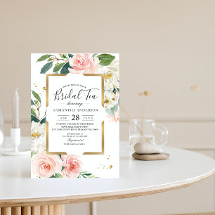 Invitación Elegante Marco dorado rosado floral Rubor y gotas