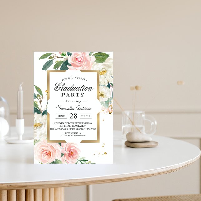 Invitación Elegante Marco dorado rosado floral Rubor y gotas (Subido por el creador)