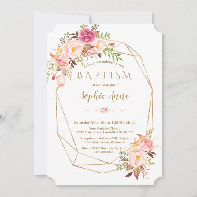 Invitación Elegante Marco dorado Rubor Bautismo floral rosa (Anverso)