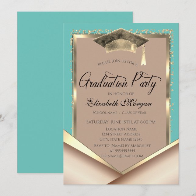 Invitación Elegante marco dorado secuela graduación de color  (Anverso / Reverso)