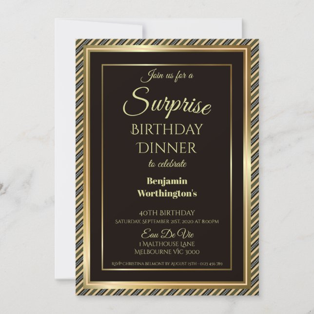 Invitación Elegante marco dorado sorprende la cena de cumplea (Anverso)