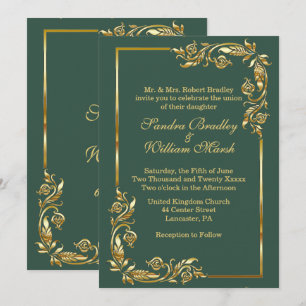 Invitación Elegante marco dorado Verde bosque con estampado d