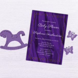 Invitación Elegante marco dorado y Baby Shower de seda morada