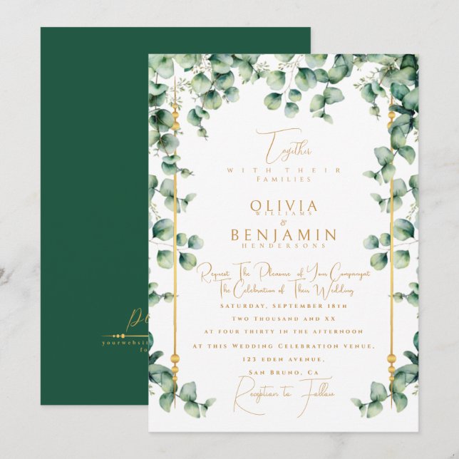 Invitación Elegante marco dorado y Boda de vegetación eucalip (Anverso / Reverso)