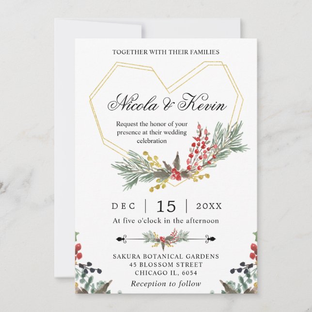 Invitación Elegante marco dorado y Boda del follaje Holly de  (Anverso)