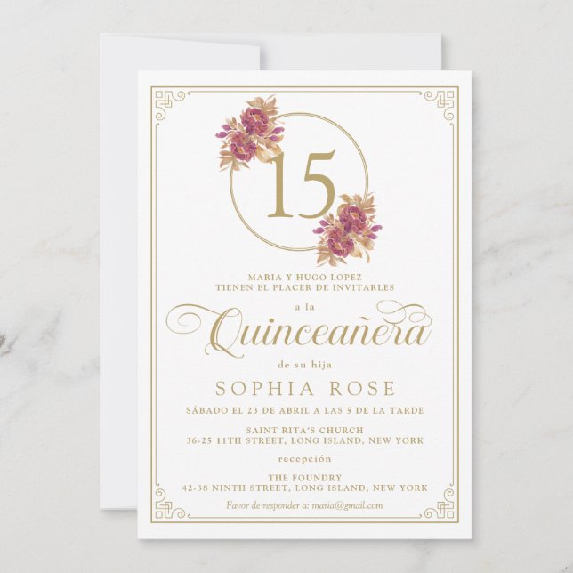 Invitación Elegante marco dorado y Rosa de Borgoña Quinceaner (Anverso)