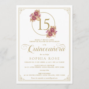 Invitación Elegante marco dorado y Rosa de Borgoña Quinceaner