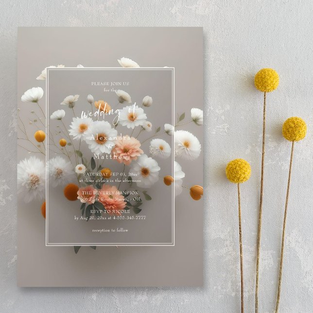 Invitación Elegante marco floral 3D boda con flores blancas (Charming elegance. 3D frame. Unique wedding invitation.)