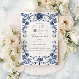 Invitación Elegante marco floral azul ducha de novia