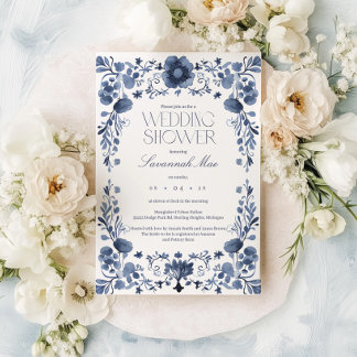 Invitación Elegante marco floral azul ducha de novia