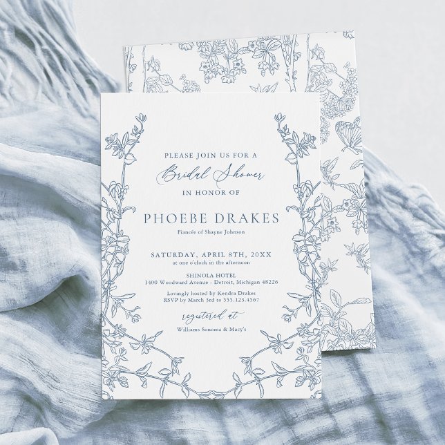 Invitación Elegante marco floral azul francés ducha de novia (Subido por el creador)