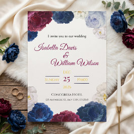 Invitación Elegante marco floral azul marino y rojo