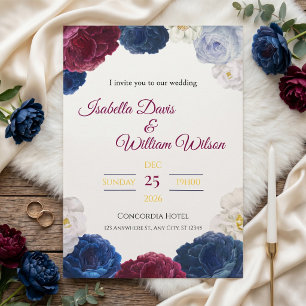 Invitación Elegante marco floral azul marino y rojo