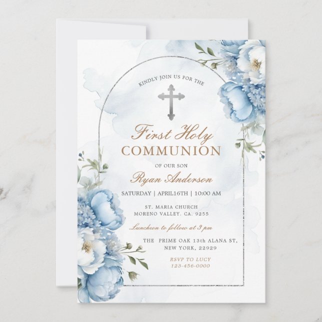 Invitación Elegante Marco Floral Azul Primera Comunión Santa (Anverso)