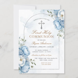 Invitación Elegante Marco Floral Azul Primera Comunión Santa